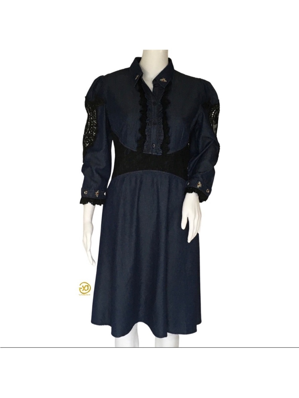 Desigual Navy Midi Dress with Lace Insets and Scallop Trim